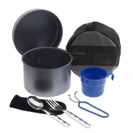 Non stick aluminium cooking set with cutlery, cup